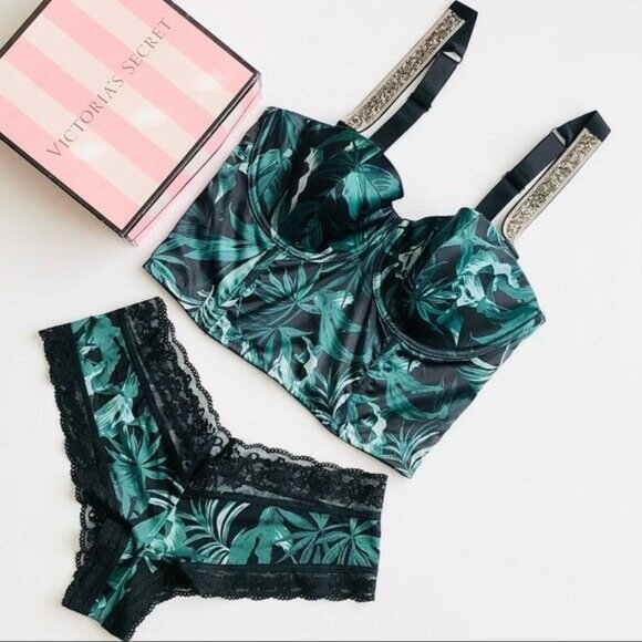 32D SMALL Victoria's Secret green leaves bra set - Picture 1 of 5